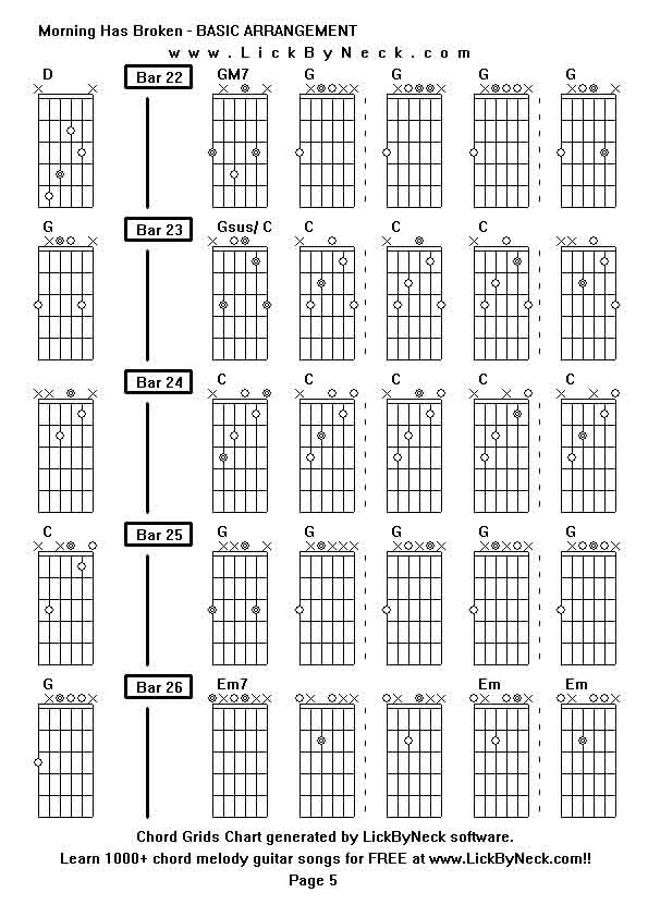 Chord Grids Chart of chord melody fingerstyle guitar song-Morning Has Broken - BASIC ARRANGEMENT,generated by LickByNeck software.